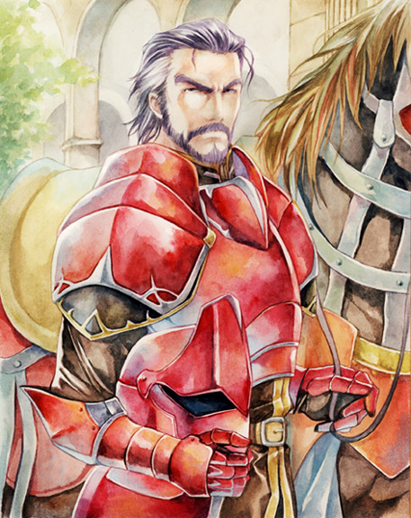agahari, duessel, fire emblem, fire emblem: the sacred stones, nintendo, bad id, bad pixiv id, 1boy, armor, barding, beard, facial hair, gauntlets, grey hair, helmet, horse, male focus, manly, multicolored hair, mustache, outdoors, purple facial hair, purple hair, solo, two-tone hair