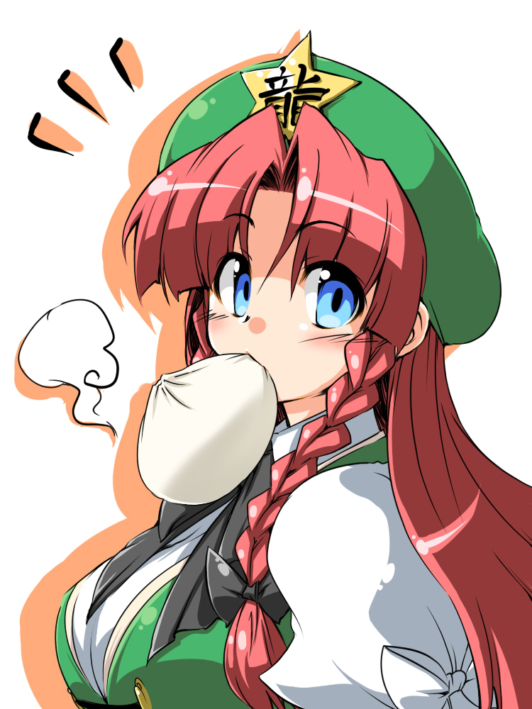 tajima yuuki, hong meiling, nekoman, embodiment of scarlet devil, touhou, 1girl, blue eyes, braid, breasts, female focus, food, long hair, mouth hold, red hair, solo, steamed bun, twin braids, white background