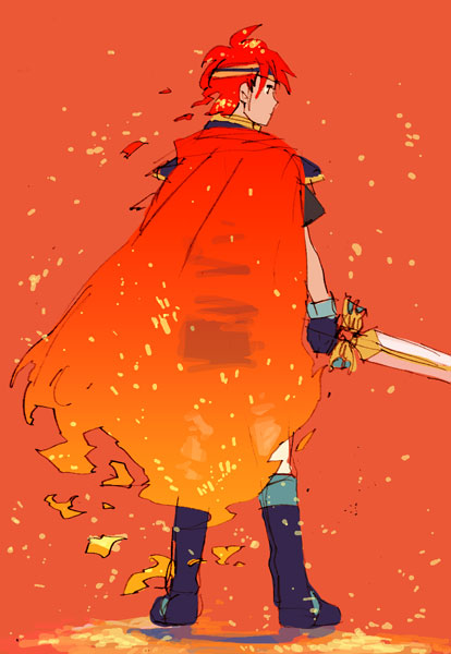 roy (fire emblem), fire emblem, fire emblem: the binding blade, nintendo, 1boy, boots, cape, gloves, headband, male focus, orange background, orange theme, red hair, short hair, sketch, solo, sword, weapon