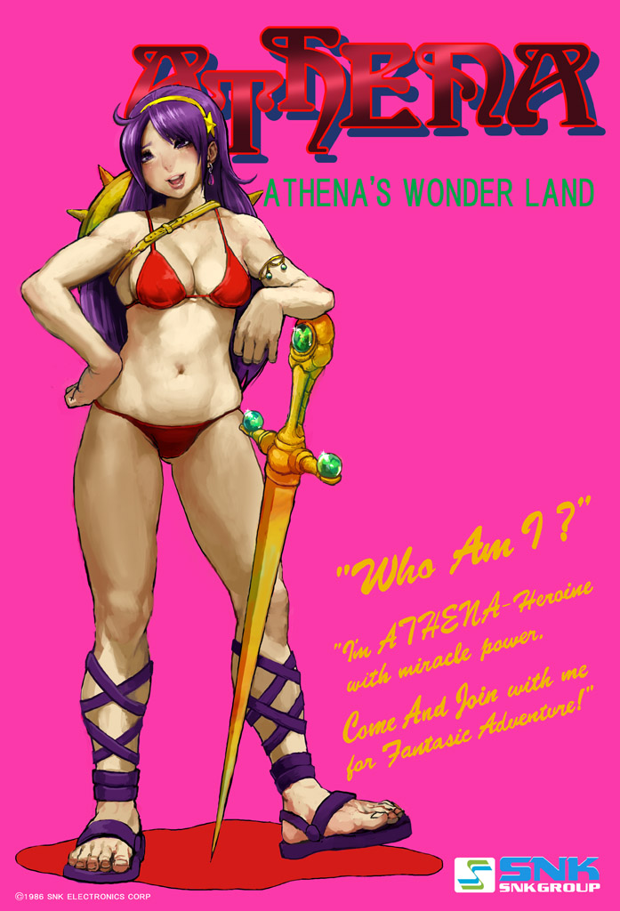 daichan mona, asamiya athena, princess athena, athena (series), snk, the king of fighters, derivative work, 1girl, bikini, blue eyes, breasts, english text, engrish text, female focus, large breasts, long hair, purple hair, ranguage, red bikini, sandals, shield, solo, swimsuit, sword, weapon