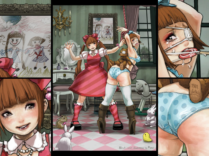 2girls, ass, bandage over one eye, bdsm, bondage, boots, bound, brown eyes, candy, crying, dress, eyepatch, femdom, food, gag, hair ribbon, high heel boots, high heels, improvised gag, loli, lollipop, multiple girls, panties, pants, polka dot, ribbon, siblings, sisters, socks, spanked, spanking, stuffed animal, stuffed toy, teddy bear, thighhighs, twintails, underwear, yuri