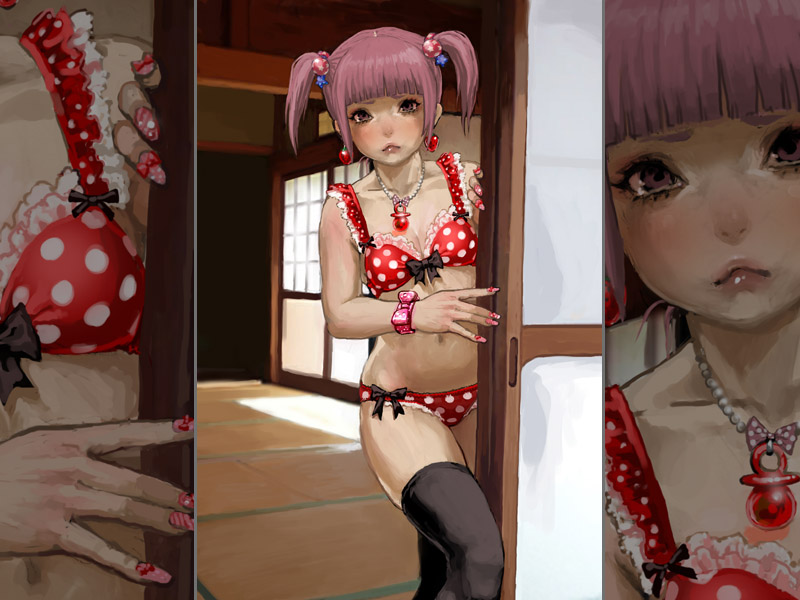 1girl, bra, female focus, indoors, lingerie, panties, pink hair, purple eyes, solo, thighhighs, twintails, underwear