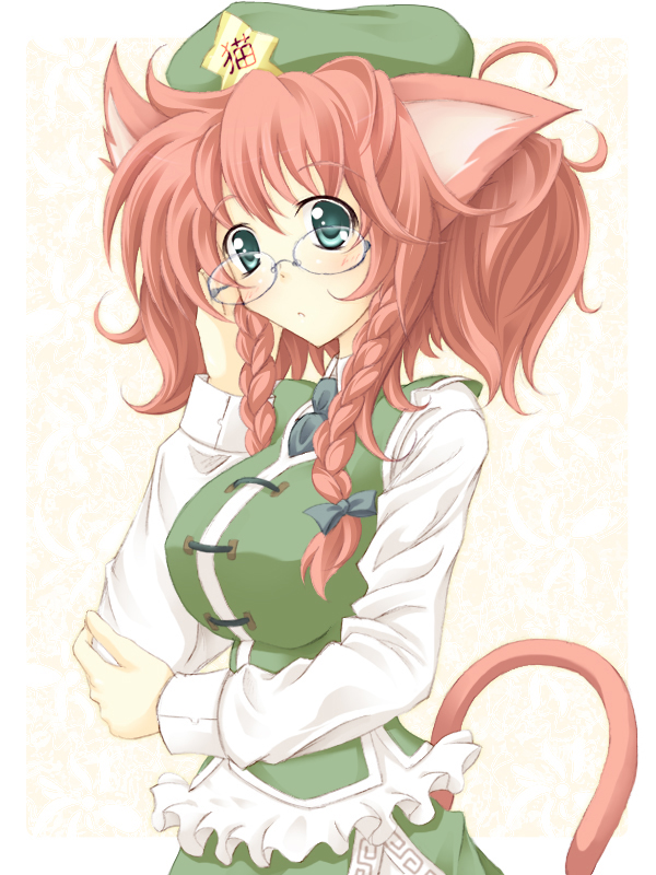 lozelia, hong meiling, touhou, 1girl, adjusting eyewear, animal ears, bespectacled, blue eyes, braid, breasts, cat ears, cat girl, female focus, glasses, green apparel, green hat, hat, large breasts, long hair, red hair, solo, twin braids