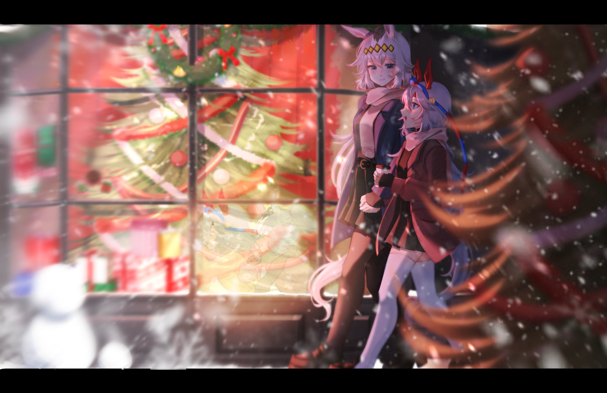oguri cap (umamusume), tamamo cross (umamusume), umamusume, commentary, highres, symbol-only commentary, 2girls, ahoge, animal ears, black pantyhose, black skirt, black sweater, blue eyes, blue hairband, blue jacket, brown jacket, brown skirt, christmas, christmas ornaments, christmas tree, closed mouth, ear covers, ear ornament, grey hair, grey tail, hair between eyes, hair ornament, hairband, headband, horse ears, horse girl, horse tail, jacket, koppiaa, long hair, long sleeves, multicolored hair, multicolored hairband, multiple girls, open mouth, pantyhose, red headband, scarf, skirt, smile, snow, snowing, snowman, striped clothes, striped hairband, sweater, tail, thighhighs, two-tone hairband, walking, white scarf, white thighhighs