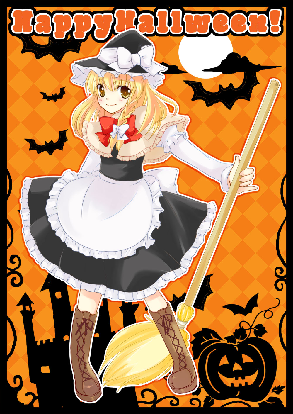 azuma kei, kirisame marisa, touhou, highres, 1girl, blonde hair, braid, broom, female focus, full body, hat, short hair, solo, witch, witch hat, yellow eyes