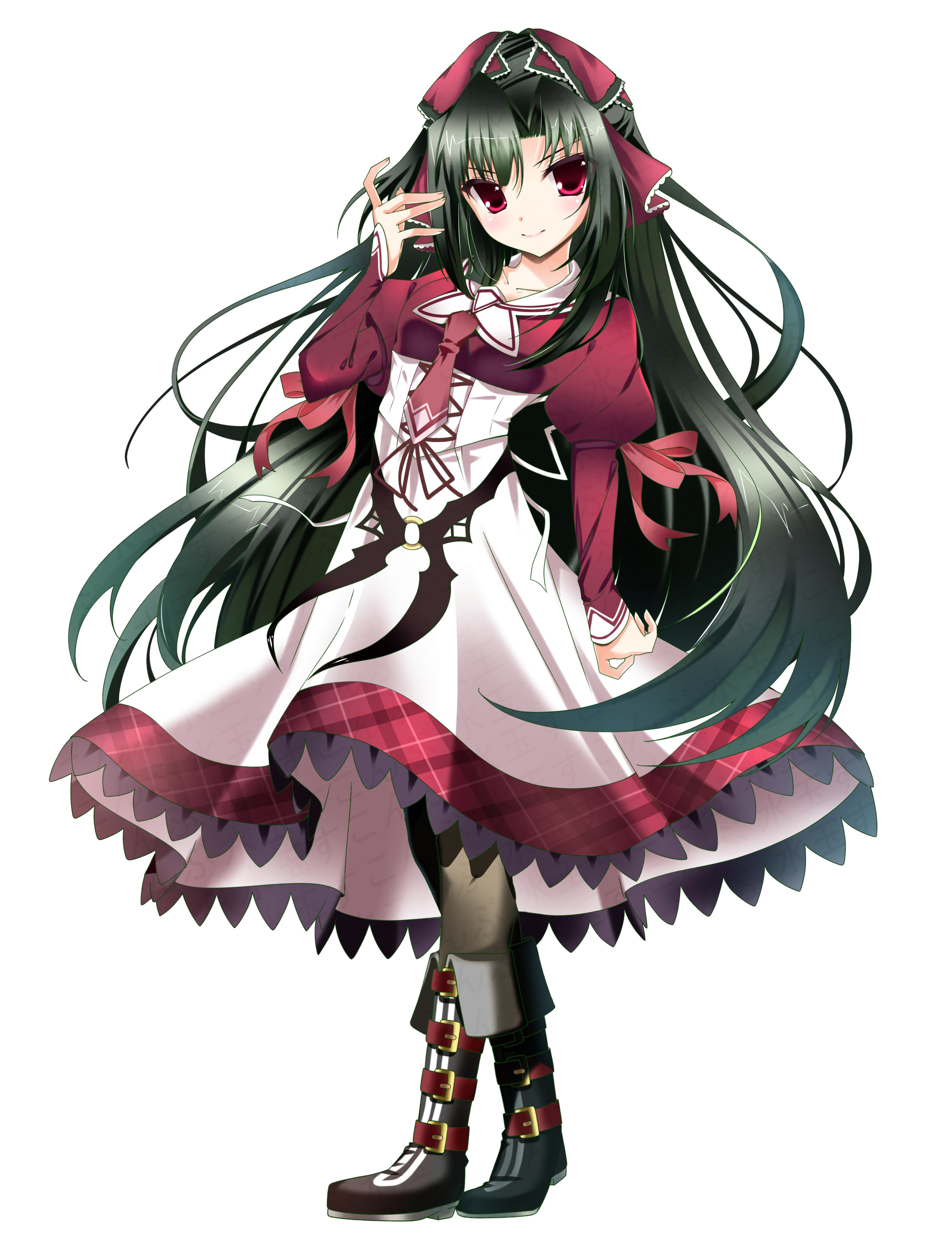 sukonbu385, kuroshiba kanae, 11eyes, absurdres, commentary request, highres, >:), 1girl, black boots, black hair, blush, boots, bow, closed mouth, cowboy shot, floating hair, frilled ribbon, frills, full body, hair between eyes, hair bow, hair ribbon, hand up, high-waist skirt, juliet sleeves, long hair, long sleeves, looking at viewer, medium skirt, necktie, plaid clothes, plaid skirt, puffy sleeves, red bow, red eyes, red necktie, red ribbon, red shirt, ribbon, shirt, sidelocks, simple background, skirt, smile, smug, solo, standing, v-shaped eyebrows, very long hair, watermark, white background, white skirt