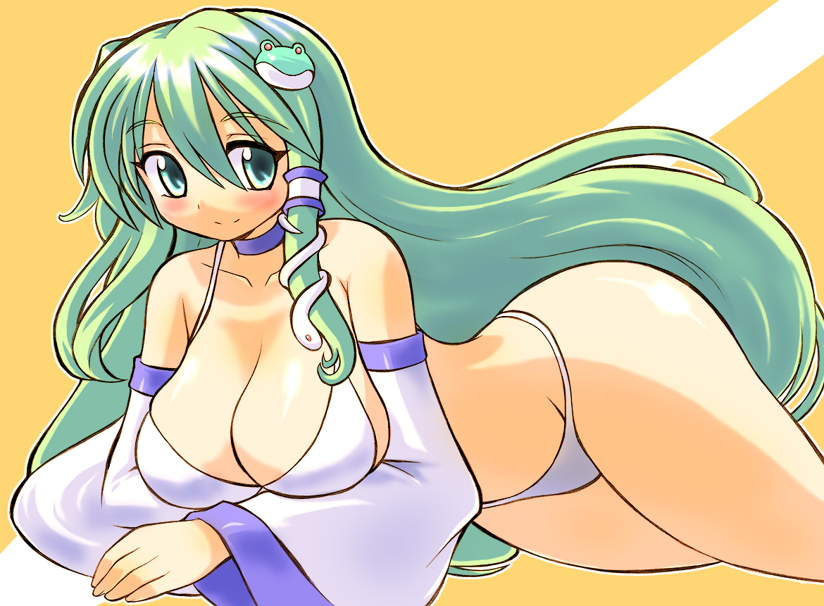 gomamiso (gomamiso sp), kochiya sanae, touhou, 1girl, bikini, breasts, cleavage, detached sleeves, female focus, frog, green eyes, green hair, hair ornament, large breasts, long hair, matching hair/eyes, snake, solo, swimsuit