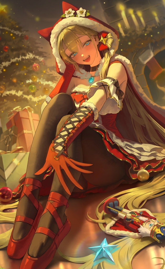 bangsom, asha (bangsom), original, commentary request, 1girl, animal ear hood, aqua eyes, aqua gem, ballerina, ballet slippers, black pantyhose, blonde hair, box, brooch, cape, christmas tree, dress, elbow gloves, fake animal ears, fur-trimmed cape, fur-trimmed dress, fur-trimmed gloves, fur-trimmed hood, fur trim, gem, gift, gift box, gloves, hood, hooded cape, jewelry, long hair, looking at viewer, mole, mole under eye, open mouth, pantyhose, red dress, red gloves, red shoes, shoes, sitting, solo, star (symbol), teeth, twintails, upper teeth only, very long hair