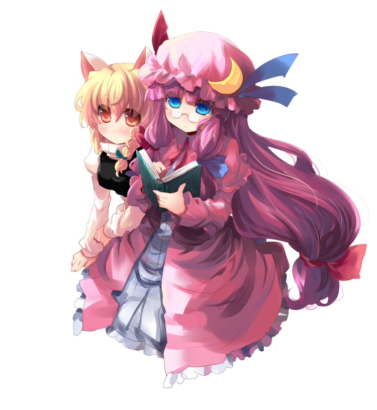 shin (new), kirisame marisa, patchouli knowledge, touhou, 2girls, animal ears, aqua eyes, bespectacled, blonde hair, blue eyes, book, braid, female focus, glasses, hat, long hair, multiple girls, purple hair, short hair, yellow eyes