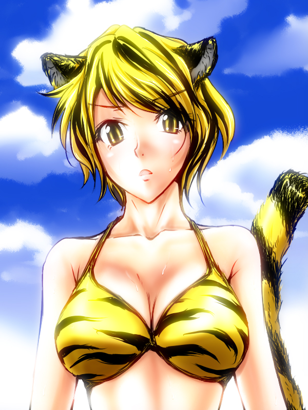 itsuku, toramaru shou, touhou, 1girl, animal ears, animal print, bikini, blonde hair, breasts, female focus, kemonomimi mode, multicolored hair, outdoors, short hair, sky, solo, swimsuit, tail, tiger ears, tiger print, tiger tail, yellow eyes