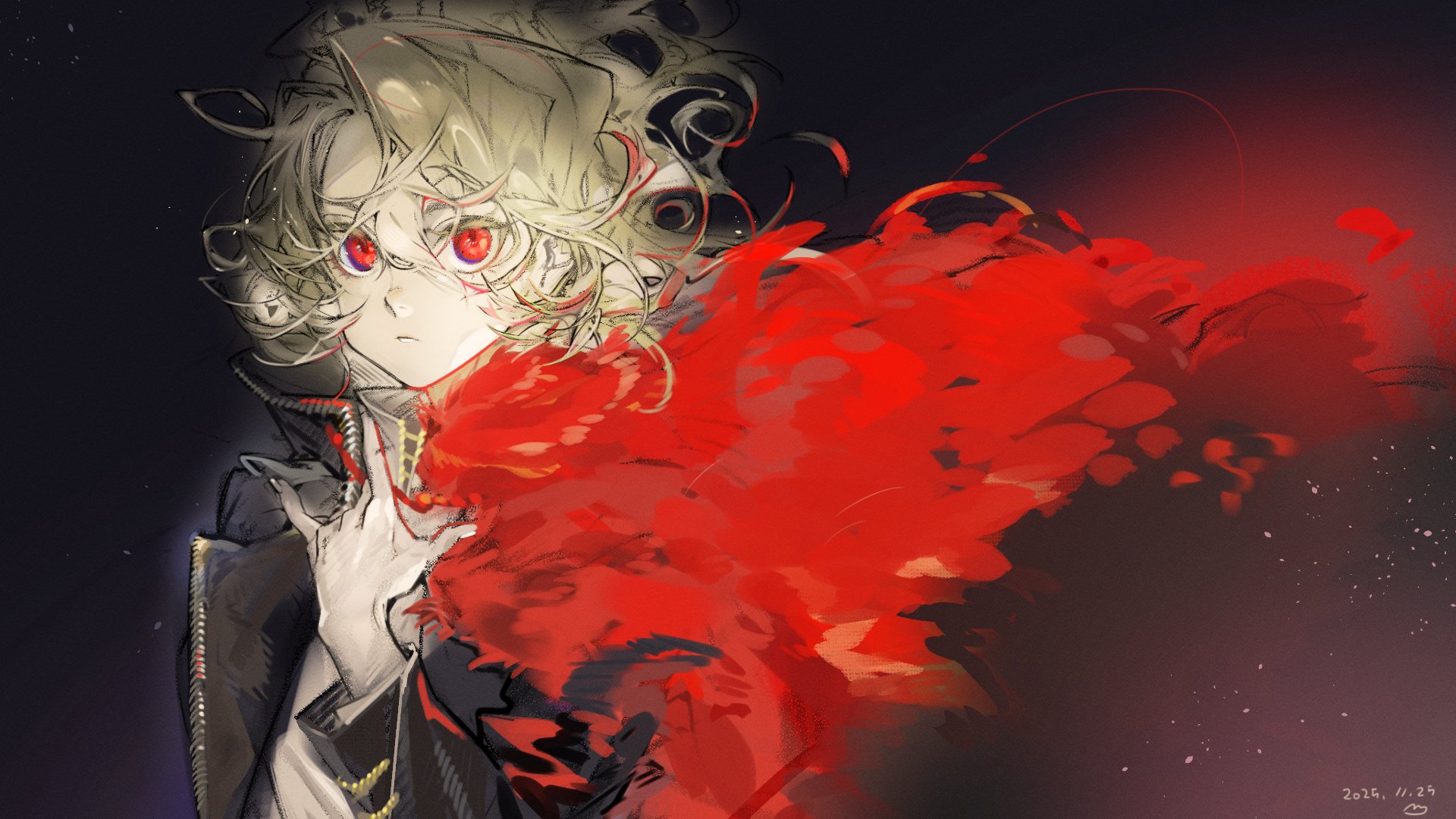 don quixote (project moon), sancho (project moon), limbus company, project moon, commentary request, highres, korean commentary, 1girl, black coat, blonde hair, cape, coat, curly hair, edul33bbang, fingernails, gold trim, jacket, looking at viewer, parted bangs, red cape, red eyes, solo, white jacket
