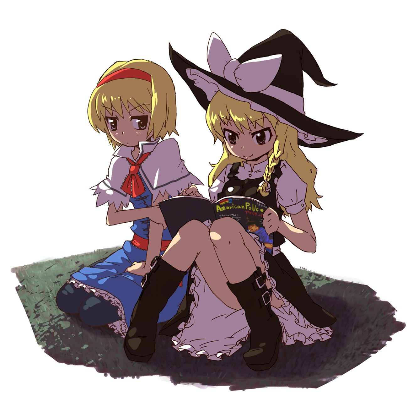 namabanana, alice margatroid, bisco, kirisame marisa, touhou, bad id, bad pixiv id, highres, 2girls, blonde hair, braid, comic, female focus, hairband, hat, long hair, manga (object), multiple girls, short hair, witch, witch hat, yellow eyes