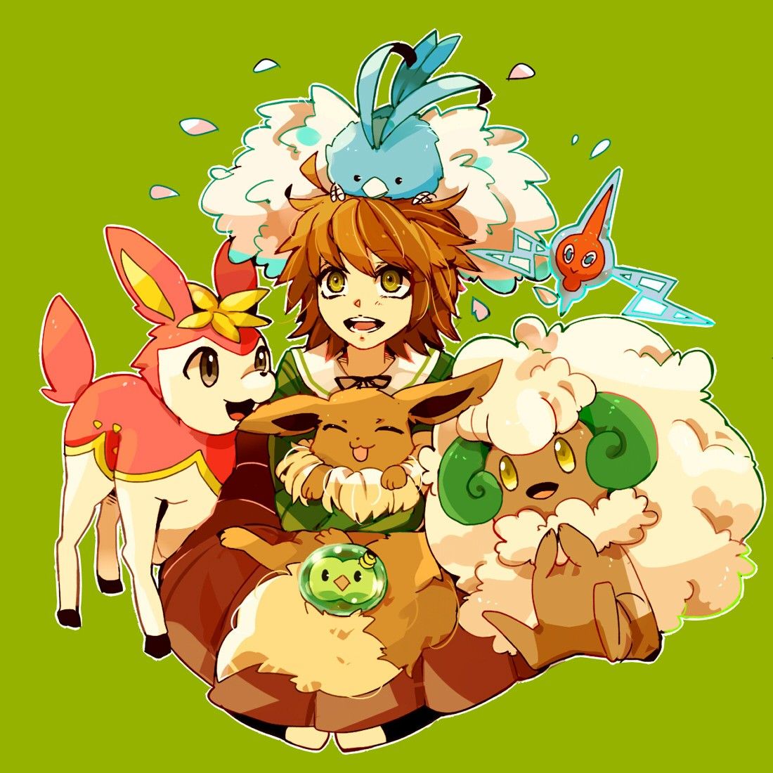 yyy246, deerling, deerling (spring), eevee, rotom, solosis, swablu, whimsicott, danganronpa: trigger happy havoc, danganronpa (series), nintendo, pokemon, third-party source, 1boy, animal, animal hug, animal on head, bird, bird on head, blonde hair, feathers, gen 1 pokemon, gen 3 pokemon, gen 4 pokemon, gen 5 pokemon, green background, green eyes, happy, on head, pokemon team, sitting, sitting on lap, sitting on person, trap