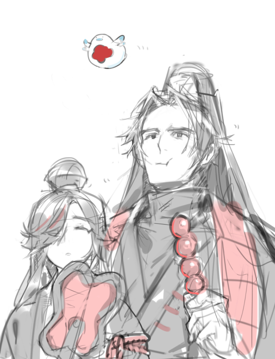 jia qiu (project moon), punishing bird, zigong (project moon), limbus company, lobotomy corporation, project moon, 1boy, 1girl, black coat, black hair, black hanfu, black shirt, chinese clothes, closed mouth, coat, edul33bbang, food, hand fan, hanfu, holding, holding fan, holding food, long hair, paper fan, parted bangs, shirt, simple background, tanghulu, uchiwa, undershirt, very long hair, white background