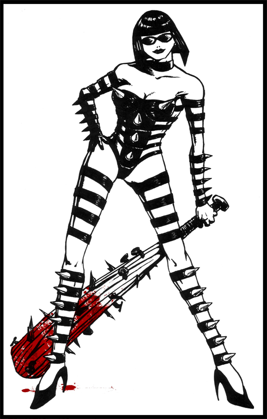 mathilda (madworld), madworld, sega, baseball bat, breasts, cleavage, leather, monochrome, spiked bat, spikes, sunglasses