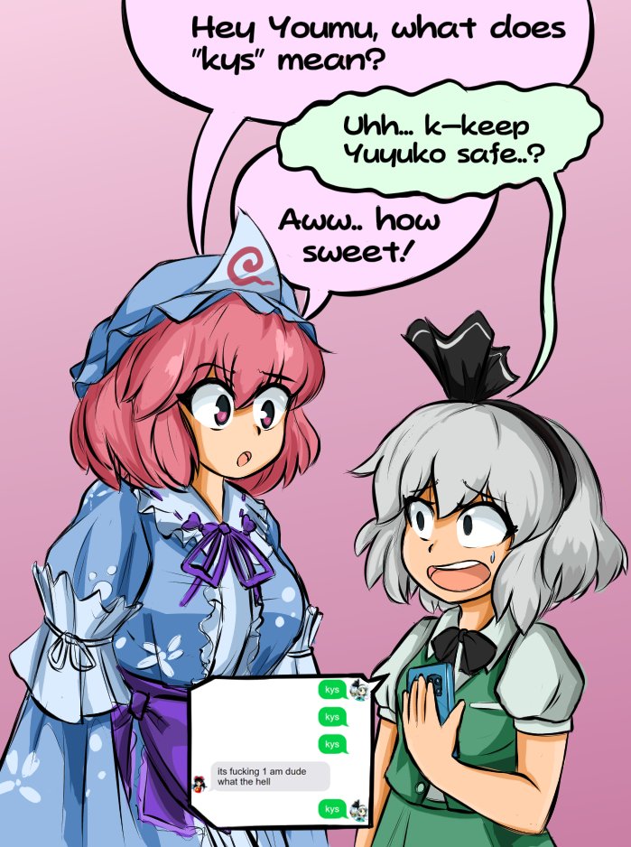 mcsquiddies, hakurei reimu, konpaku youmu, saigyouji yuyuko, touhou, commentary, english commentary, 2girls, black bow, black bowtie, black hairband, blue kimono, bow, bowtie, cellphone, frilled kimono, frills, ghost, green vest, grey hair, hair ribbon, hairband, hat, holding, holding phone, japanese clothes, kimono, long sleeves, mob cap, multiple girls, open mouth, phone, pink background, pink eyes, pink hair, ribbon, short hair, short sleeves, smartphone, speech bubble, triangular headpiece, vest, wide sleeves