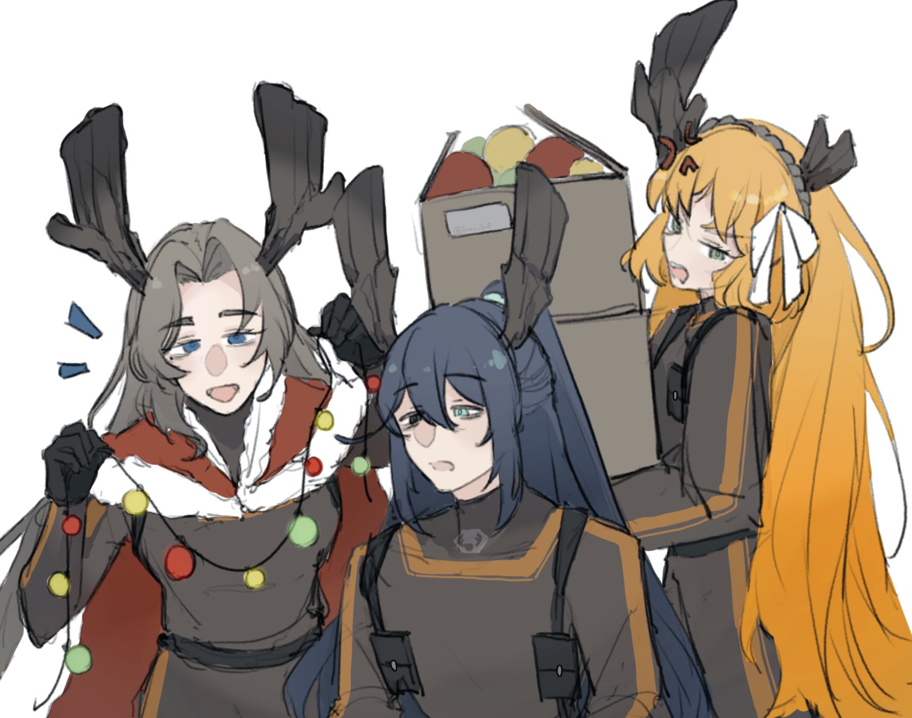 hong lu (project moon), ishmael (project moon), rodion (project moon), limbus company, project moon, hashtag-only commentary, highres, 1boy, 2girls, antlers, black bow, black hair, bow, box, brown hair, brown hairband, cape, christmas, christmas ornaments, fur-trimmed cape, fur trim, green eyes, hair bow, hairband, holding, holding box, horns, linnn ovo, long hair, multiple girls, open mouth, orange hair, parted bangs, pouch, r corp. (identity) (project moon), red cape, reindeer antlers, rope, sidelocks, simple background, very long hair, white background, white bow