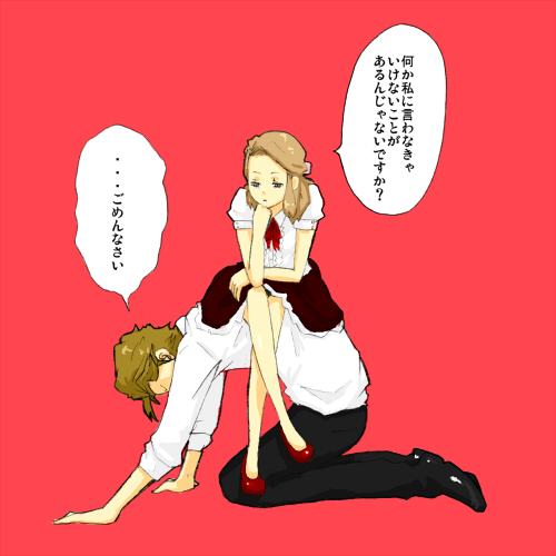 masope (stmtyn), eve genoard, luck gandor, baccano!, lowres, source request, 00s, 1boy, 1girl, bow, brown hair, closed eyes, crossed legs, dominatrix, femdom, girl on top, hair ribbon, high heels, kneeling, ribbon, shoes, sitting, sitting on person, skirt