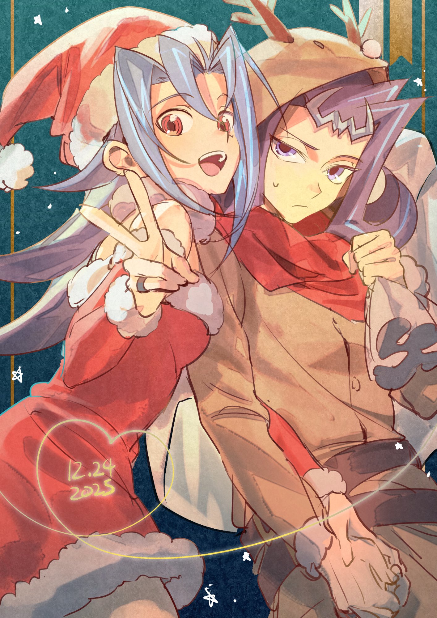 moemoenomori, kamishiro rio, kamishiro ryouga, yu-gi-oh!, yu-gi-oh! zexal, commentary request, highres, 1boy, 1girl, animal costume, bare shoulders, blue hair, breasts, brother and sister, christmas, cowboy shot, dated, dress, green background, hat, heart, holding hands, open mouth, purple eyes, red dress, red scarf, reindeer costume, santa hat, scarf, siblings, strapless, strapless dress, v