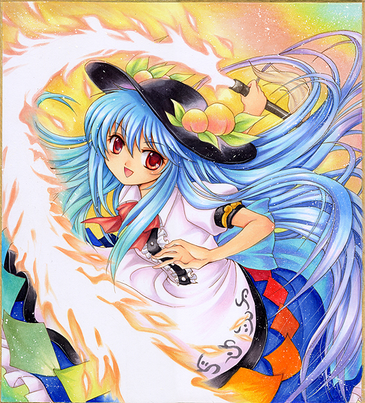 pemoko, hinanawi tenshi, touhou, bad id, bad pixiv id, traditional media, 1girl, blue hair, female focus, hat, long hair, red eyes, solo, sword, sword of hisou, weapon