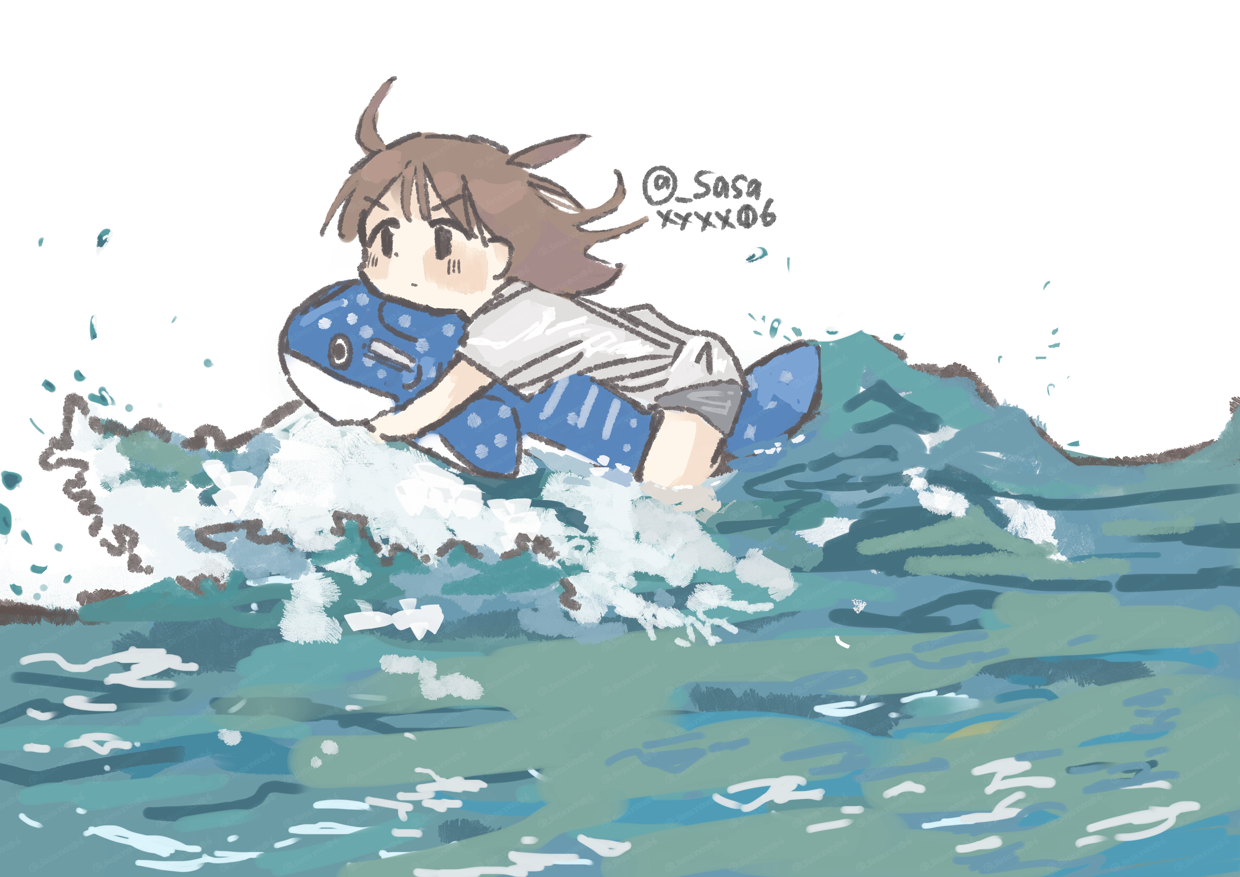 sasaxxxx06, original, absurdres, commentary request, highres, 1girl, artist name, brown hair, ocean, riding, shirt, short sleeves, solo, twitter username, waves, whale shark, white shirt