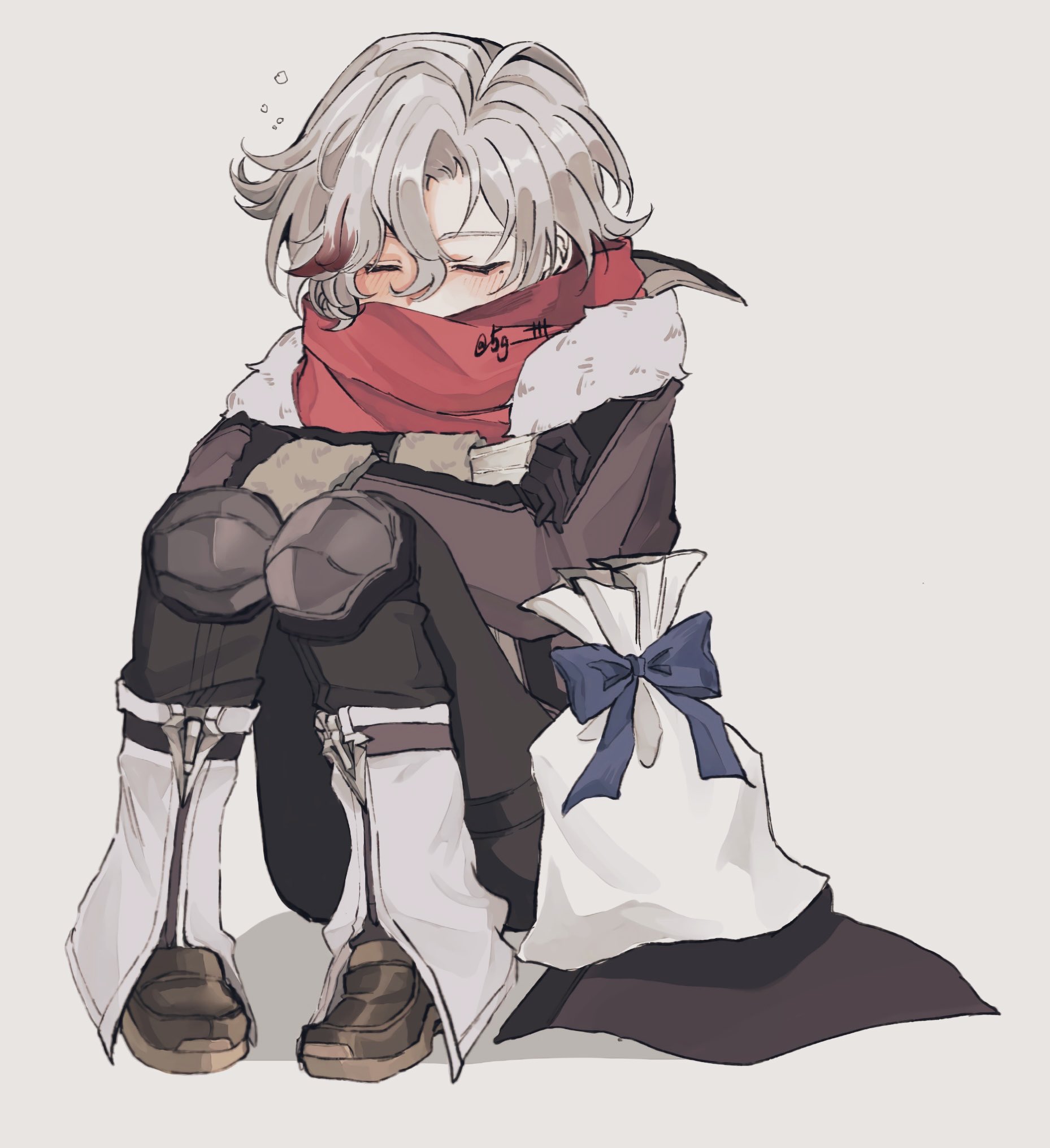 illuga (genshin impact), genshin impact, commentary, highres, symbol-only commentary, 1boy, 5g ttt, black coat, black gloves, blue bow, blush, bow, brown shoes, closed eyes, coat, fur trim, gloves, grey background, grey hair, knee pads, mole, mole under eye, multicolored hair, red hair, red scarf, scarf, shoes, two-tone hair, white bag