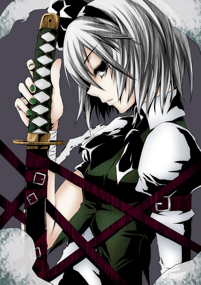 iwamoto eiri, konpaku youmu, konpaku youmu (ghost), touhou, silver hair, bad id, bad pixiv id, 1girl, black eyes, black hairband, female focus, green nails, hairband, katana, nail polish, ribbon, short hair, solo, sword, weapon