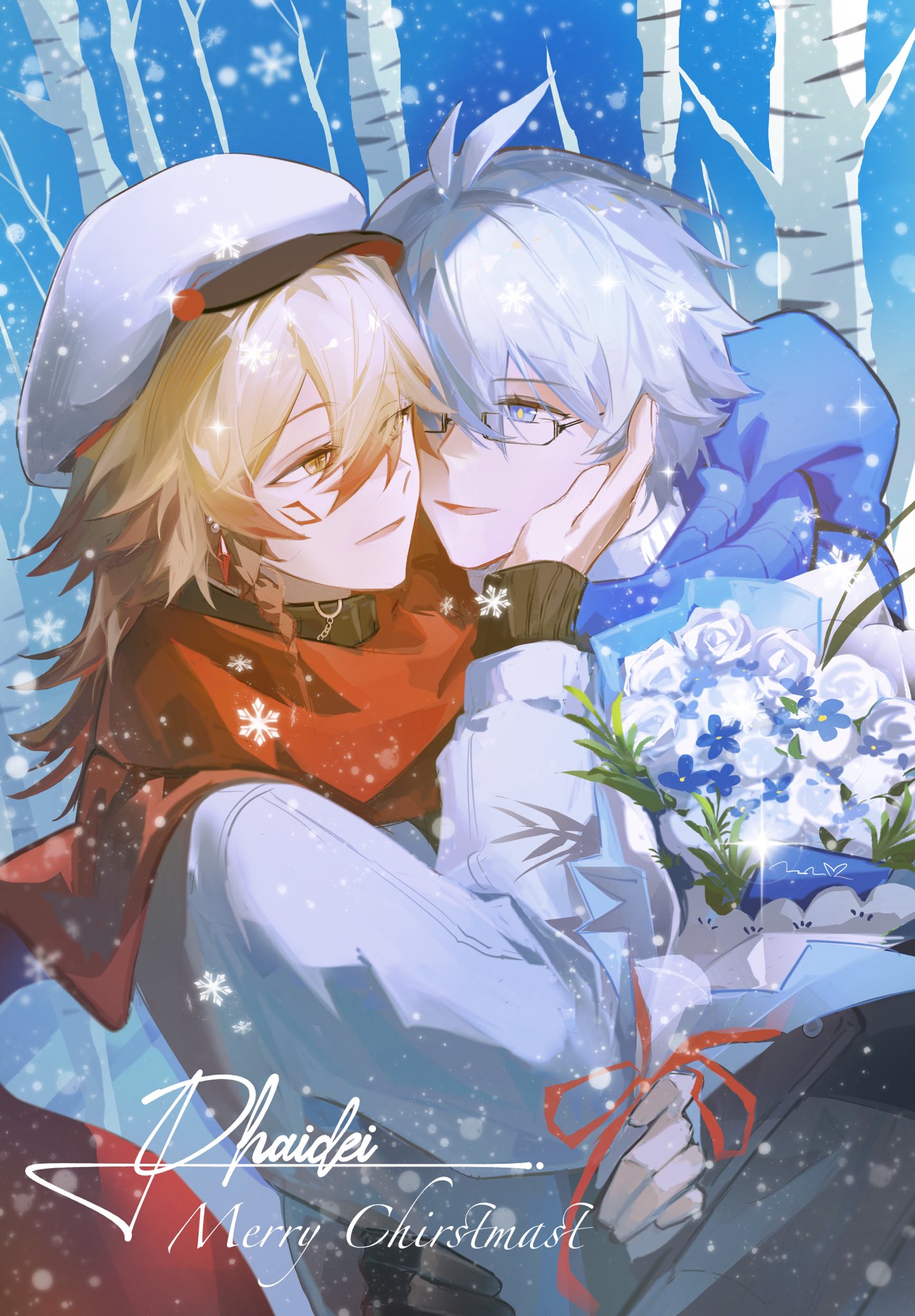 mydei (honkai: star rail), phainon (honkai: star rail), honkai: star rail, honkai (series), commentary, english commentary, highres, 2boys, blue eyes, blue hair, blue scarf, earrings, english text, flower, glasses, hands on another's cheeks, hands on another's face, hat, holding, holding flower, jewelry, multicolored hair, multiple boys, orange eyes, orange hair, red hair, red scarf, saninoring, scarf, ship name, single earring, two-tone hair, white hat, winter, winter clothes, yellow pupils
