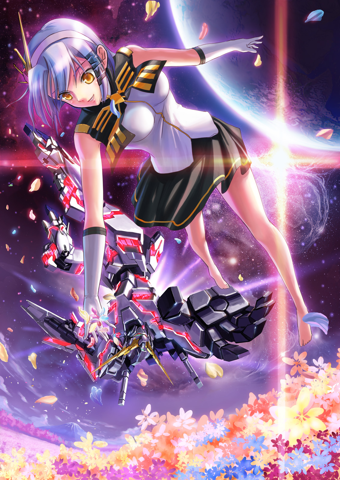 zhenlin, unicorn gundam, gundam, gundam unicorn, bad id, bad pixiv id, highres, 1girl, barefoot, blue hair, breasts, female focus, mecha, nature, outdoors, robot, sky, solo, yellow eyes