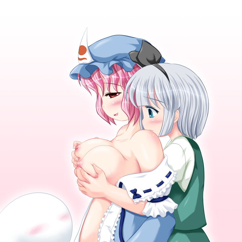 riku (rikkuru), konpaku youmu, konpaku youmu (ghost), saigyouji yuyuko, touhou, silver hair, 2girls, blue eyes, blush, breasts, female focus, grabbing another's breast, groping, hat, large breasts, multiple girls, nipples, open clothes, open shirt, pink hair, red eyes, shirt, yuri