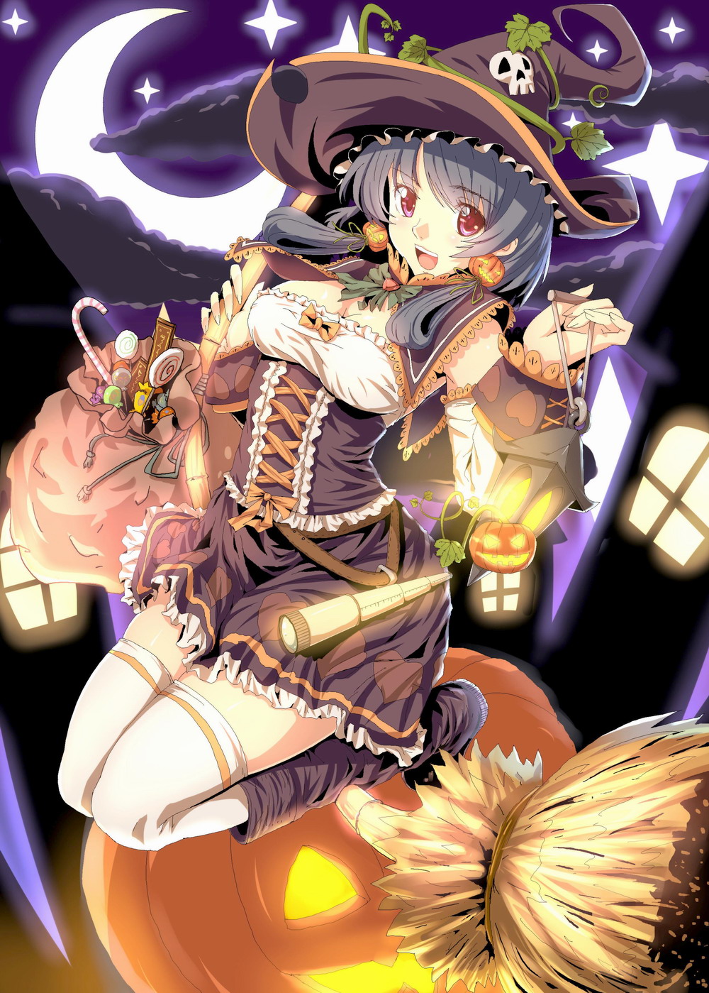 ryuuzaki ichi, bad id, bad pixiv id, highres, 1girl, boots, bow, broom, candy, corset, crescent, crescent moon, earrings, female focus, food, grey hair, hair ornament, halloween, hat, jack-o'-lantern, jack-o'-lantern earrings, jewelry, moon, night, open mouth, pumpkin, skull hair ornament, solo, star (symbol), thighhighs, twintails, witch hat