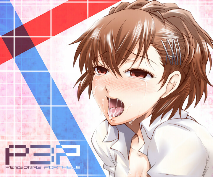segami daisuke, shiomi kotone, atlus, persona, persona 3, persona 3 portable, 1girl, blush, brown eyes, brown hair, cum, cum in mouth, cum on body, cum on tongue, facial, female focus, hair ornament, hairclip, open mouth, solo, tears