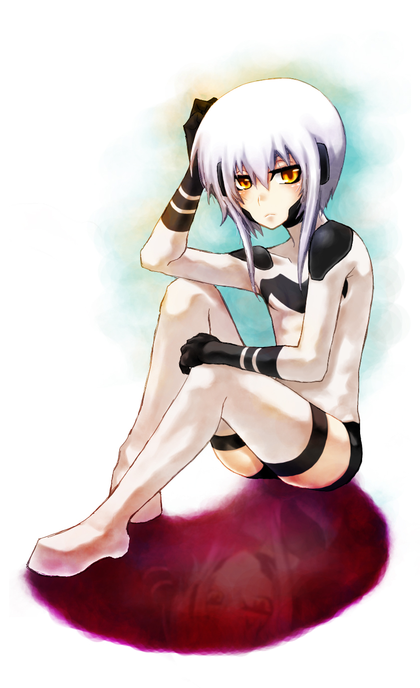 fuya (tempupupu), temp (artist), original, bad id, bad pixiv id, highres, 1boy, androgynous, artistic error, bad reflection, bodysuit, male focus, reflection, solo, thighhighs, white hair, yellow eyes