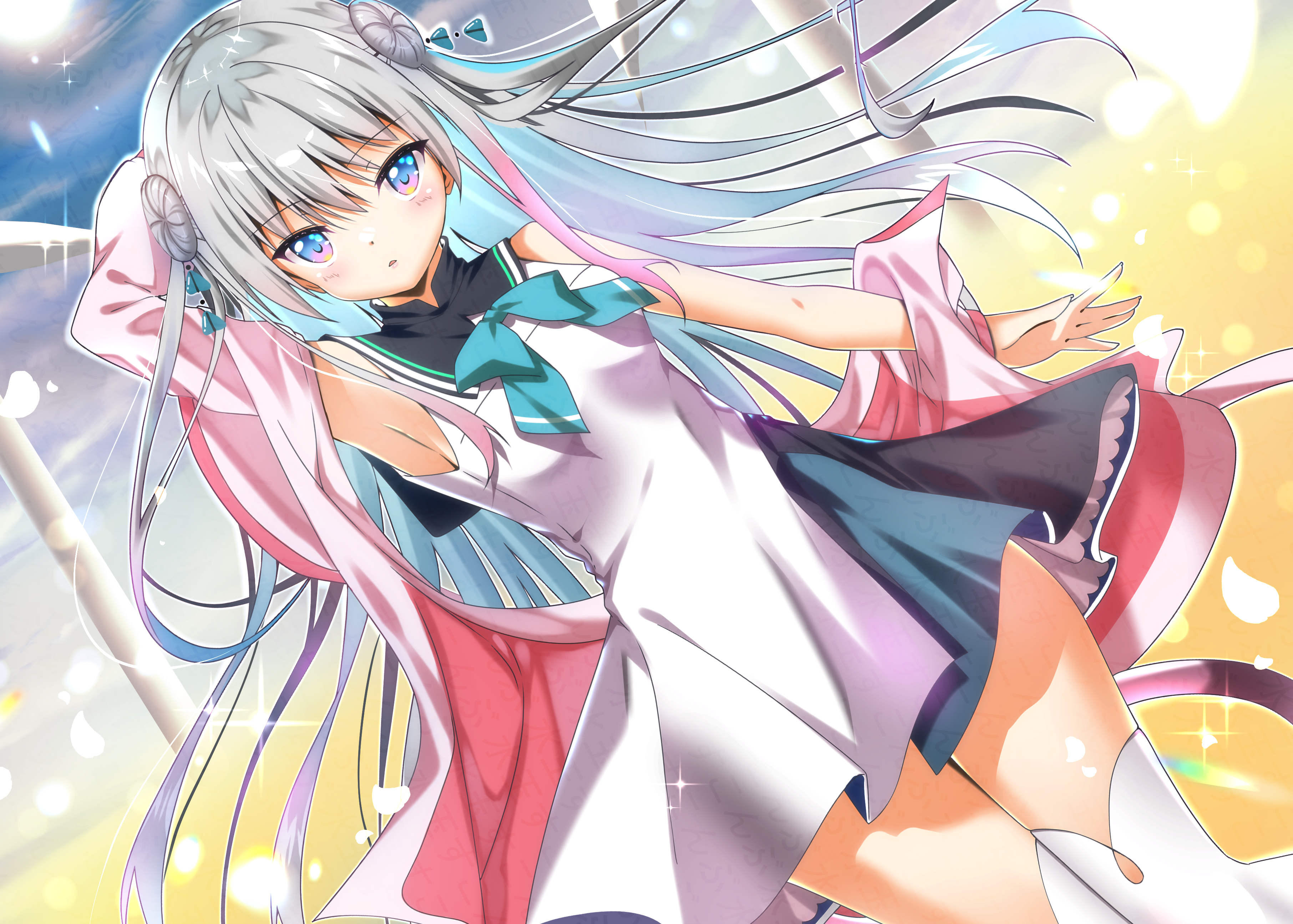 sukonbu385, absurdres, commentary request, highres, 1girl, anemoi, arm behind head, armpits, blue bow, blue bowtie, blue eyes, blue hair, blush, bow, bowtie, colored inner hair, cowboy shot, day, double bun, dress, dutch angle, floating hair, green hair, grey hair, hair between eyes, hair bun, jacket, jacket partially removed, long hair, looking at viewer, multicolored eyes, multicolored hair, open clothes, open jacket, outdoors, outline, parted lips, petticoat, pink eyes, pink hair, pink jacket, short dress, sleeveless, sleeveless dress, solo, sparkle, thighhighs, thighs, tsujikura spica, two-tone eyes, two side up, very long hair, white dress, white outline, white thighhighs, zettai ryouiki
