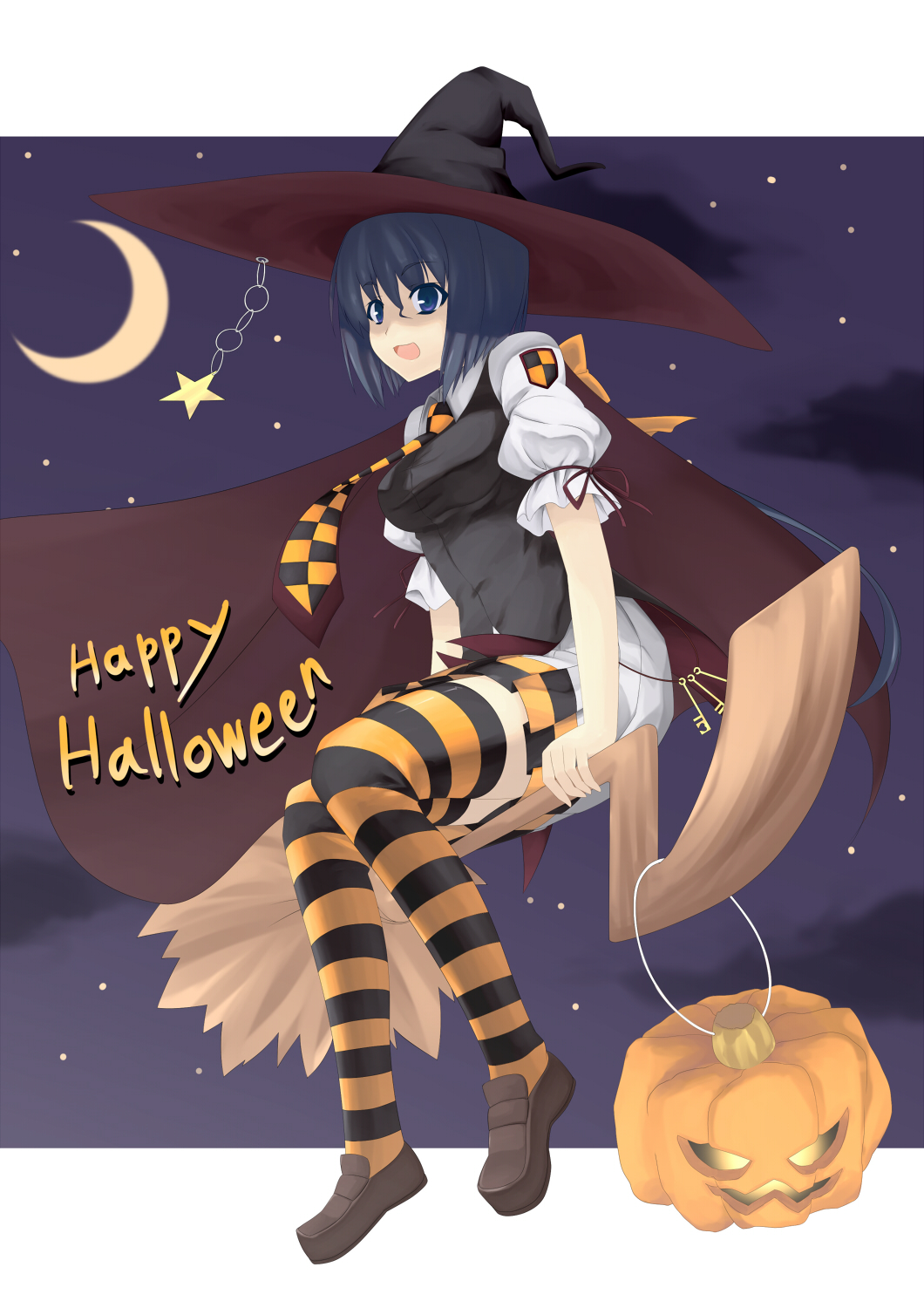izumi sai, original, bad id, bad pixiv id, highres, 1girl, black hair, blue eyes, broom, broom riding, cape, checkered clothes, checkered necktie, crescent moon, female focus, flying, halloween, happy halloween, hat, jack-o'-lantern, key, moon, necktie, night, open mouth, patterned legwear, pumpkin, short hair, sitting, sky, smile, solo, star (symbol), striped clothes, striped thighhighs, thighhighs, witch hat, zettai ryouiki