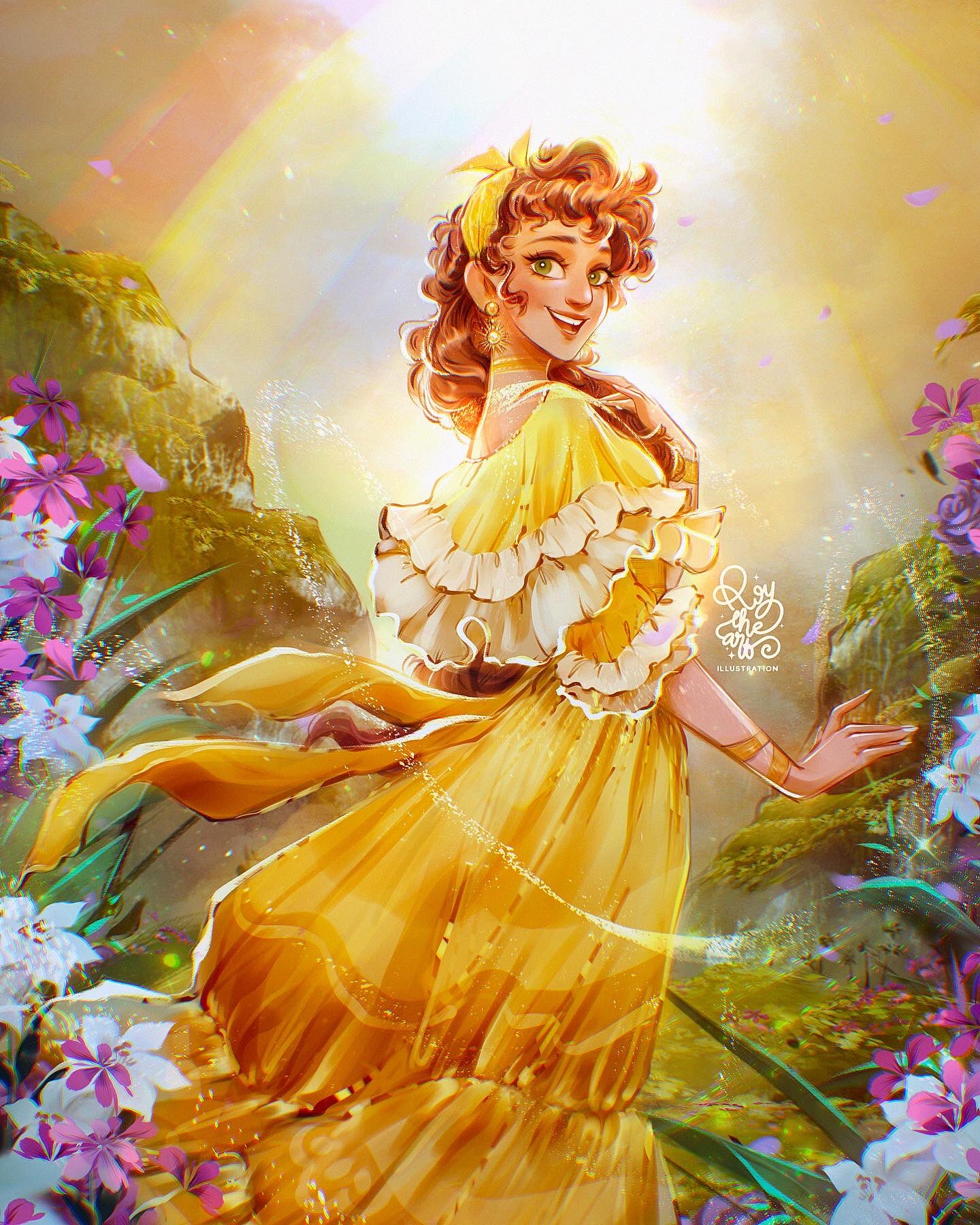 roytheart, pepa madrigal, encanto, commentary, english commentary, highres, 1girl, brown hair, colombian clothes, curly hair, dress, earrings, from side, happy, jewelry, long hair, looking at viewer, low ponytail, open mouth, ponytail, smile, solo, yellow dress