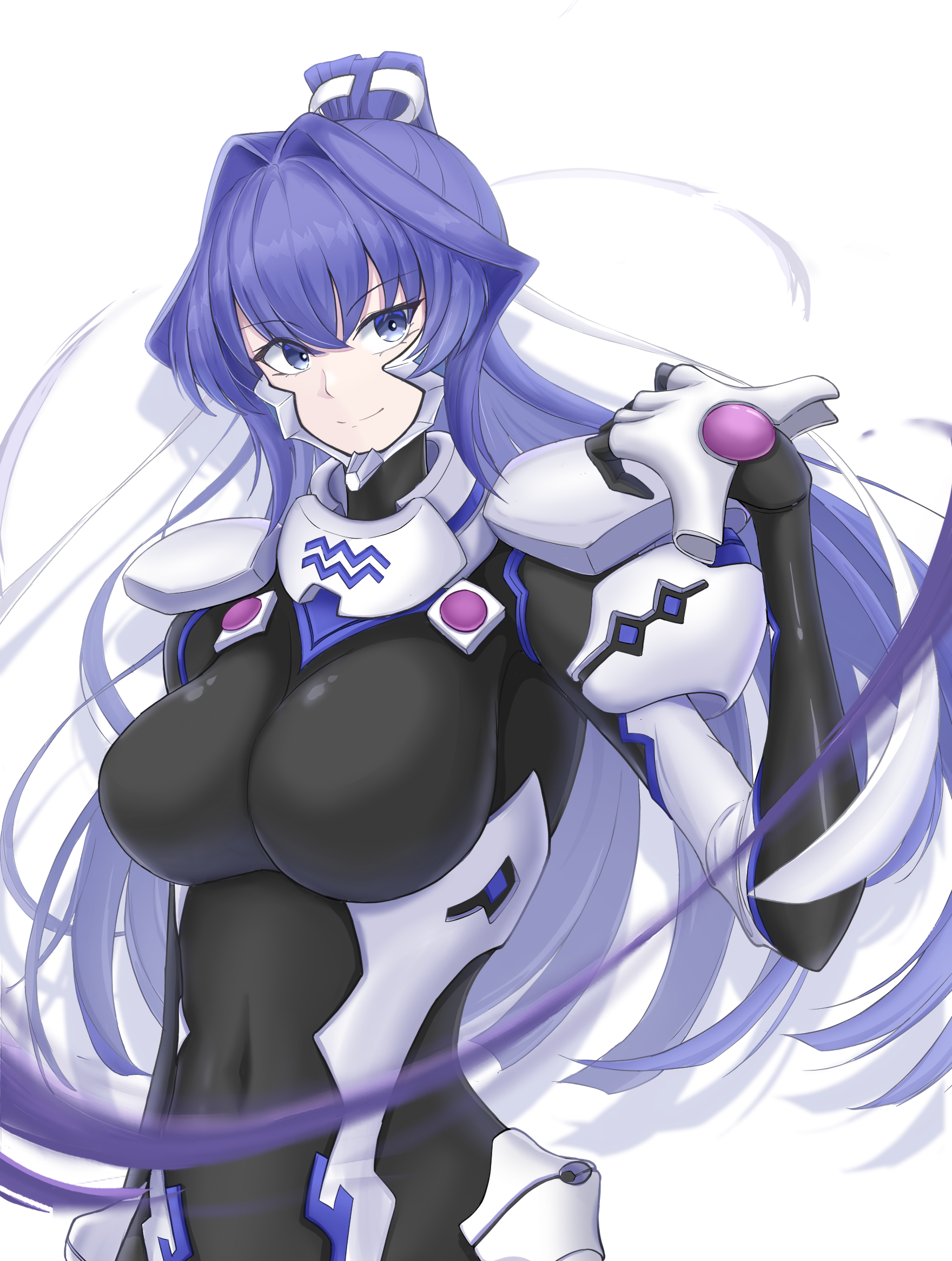 sin sin shinji, mitsurugi meiya, muv-luv, muv-luv alternative, commentary request, highres, 1girl, black bodysuit, black gloves, blue eyes, blue hair, bodysuit, cheek covers, closed mouth, covered navel, fortified suit, gem, gloves, hair intakes, hair ribbon, high ponytail, impossible bodysuit, impossible clothes, latex, latex bodysuit, long hair, looking at viewer, mecha pilot suit, ponytail, purple gem, ribbon, shiny clothes, simple background, smile, solo, upper body, white background, white ribbon