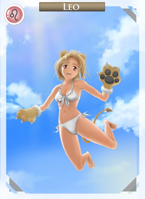kunai (artist), kunai (tama), original, 1girl, animal ears, animal hands, armpits, barefoot, bikini, blonde hair, brown eyes, cloud, day, female focus, frills, front-tie top, jumping, leo (symbol), leo (zodiac), lion ears, short hair, side-tie bikini bottom, solo, swimsuit, tail, zodiac