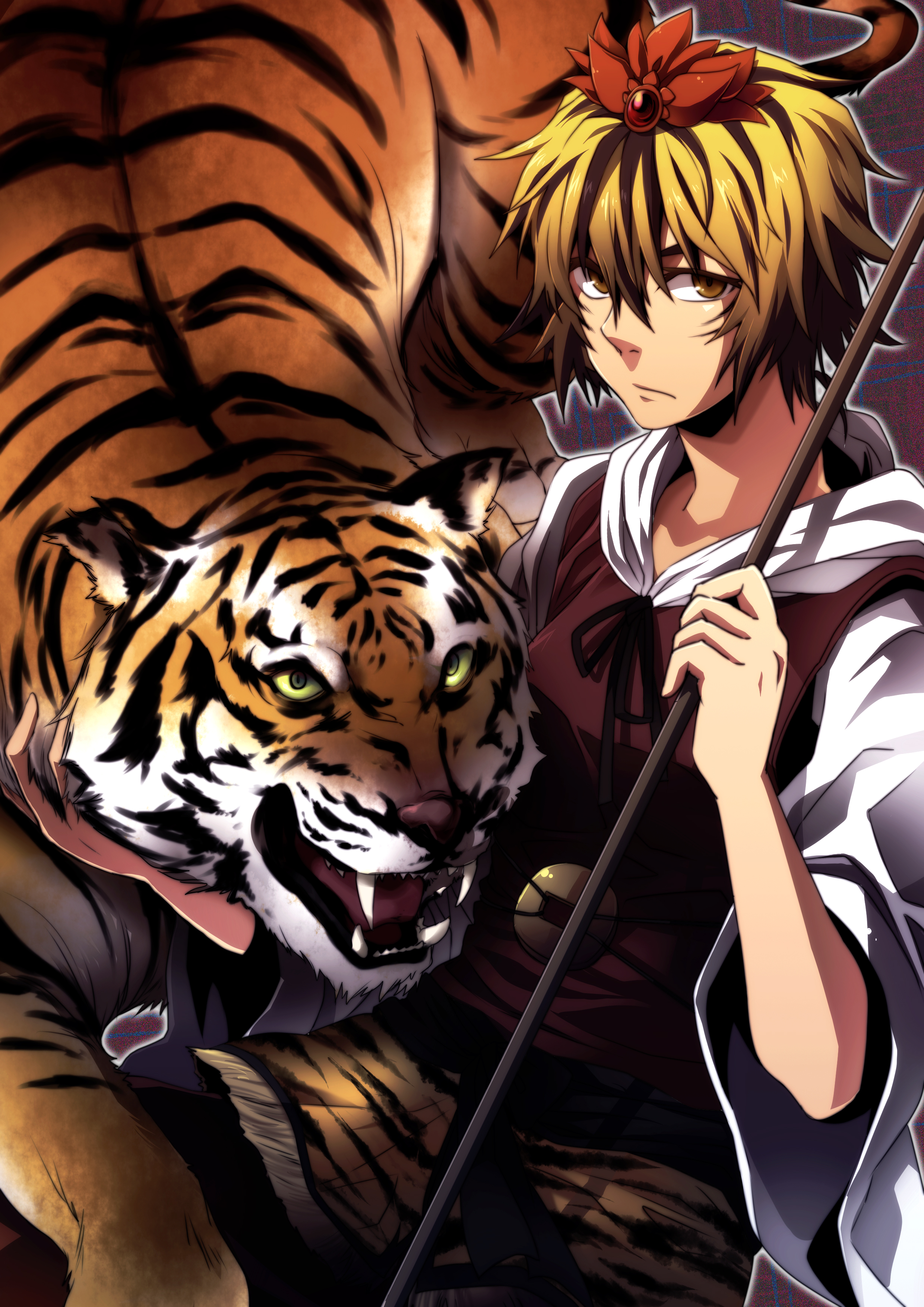 re ghotion, toramaru shou, touhou, absurdres, highres, 1girl, blonde hair, female focus, hair ornament, polearm, shawl, short hair, solo, tiger, weapon, yellow eyes