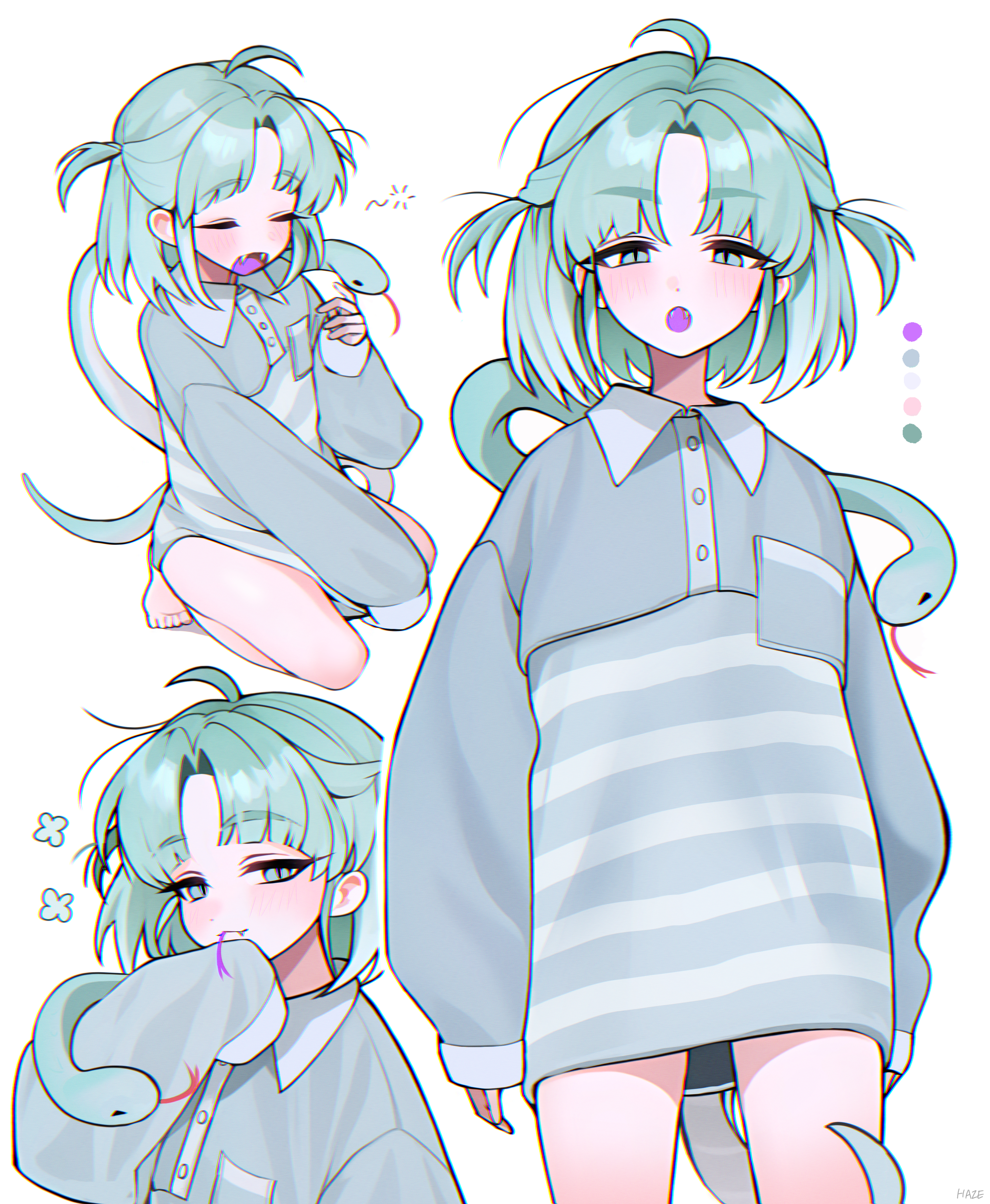 haze (7h4ze), original, absurdres, commentary, commentary request, english commentary, highres, mixed-language commentary, 1girl, ahoge, bare legs, barefoot, blush, closed eyes, closed mouth, collared shirt, cowboy shot, fangs, forked tongue, full body, green eyes, green hair, green snake, grey shirt, hand up, kneeling, legs, long sleeves, looking at viewer, multicolored shirt, multiple views, open mouth, shirt, short hair, simple background, single sleeve past wrist, slit pupils, snake, snake girl, solo, standing, striped clothes, striped shirt, thighs, tongue, two-tone shirt, upper body, white background, white shirt