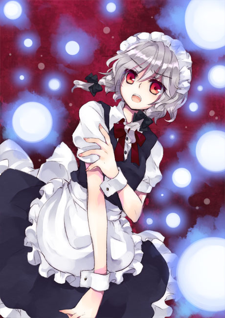 yatosaki haru, izayoi sakuya, embodiment of scarlet devil, touhou, silver hair, bad id, bad pixiv id, 1girl, braid, female focus, maid, red eyes, short hair, solo, twin braids