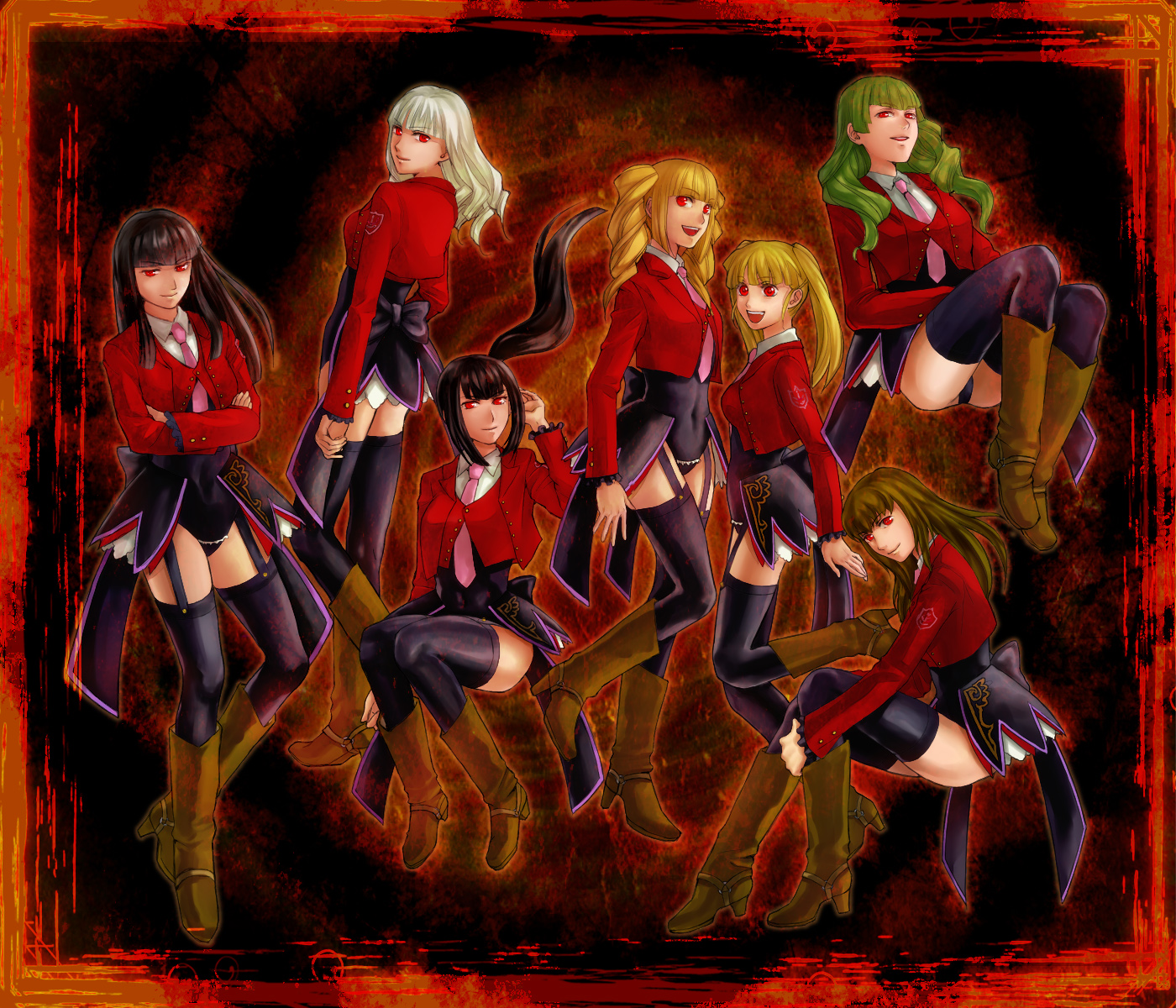 neiges, nori (mozukuyu), asmodeus (umineko), beelzebub (umineko), belphegor (umineko), leviathan (umineko), lucifer (umineko), mammon (umineko), satan (umineko), stakes of purgatory, umineko no naku koro ni, silver hair, highres, 00s, 6+girls, black hair, blonde hair, brown hair, drill hair, green hair, leotard, long hair, multiple girls, necktie, pink necktie, ponytail, red eyes, thighhighs, twintails