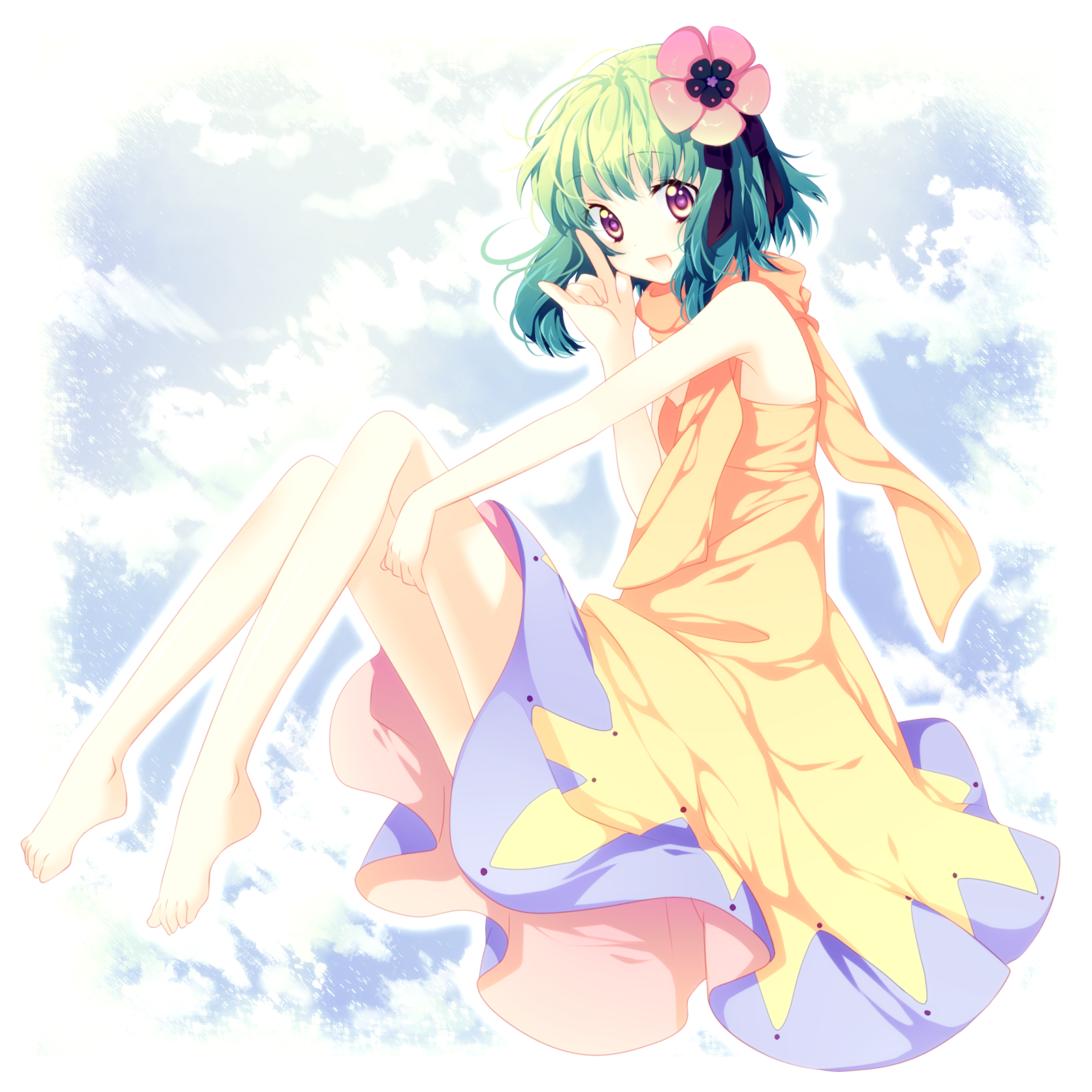 riichu, ranka lee, macross, macross frontier, bad id, bad pixiv id, highres, 00s, 1girl, barefoot, dress, feet, female focus, flower, green hair, hair flower, hair ornament, heart, heart-shaped pupils, m/, multicolored eyes, open mouth, orange eyes, purple eyes, red eyes, scarf, seikan hikou, sitting, smile, solo, symbol-shaped pupils