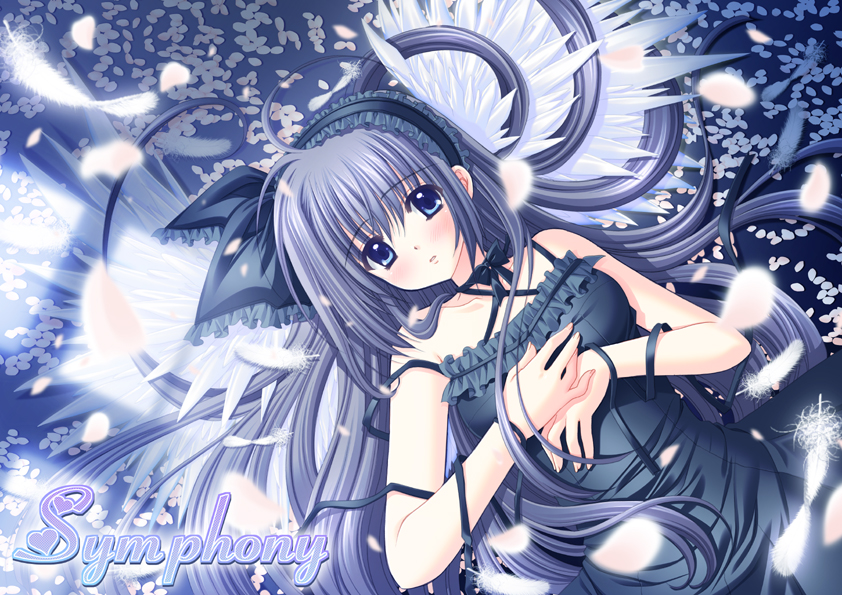 nishimata aoi, original, 1girl, blue eyes, blue hair, blush, dress, feathers, female focus, hairband, long hair, lying, matching hair/eyes, petals, ribbon, solo, very long hair, wings