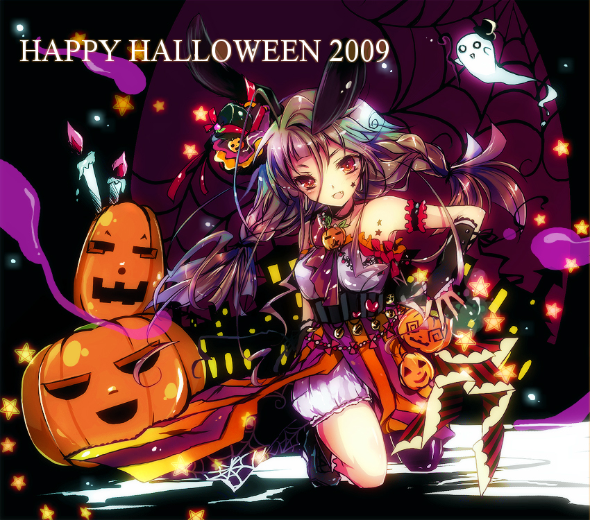 ichiyou moka, original, 00s, 1girl, 2009, animal ears, arm garter, bloomers, braid, bridal gauntlets, brown eyes, brown hair, candle, female focus, ghost, halloween, happy halloween, hat, jack-o'-lantern, pumpkin, silk, solo, spider web, star (symbol), twin braids, underwear