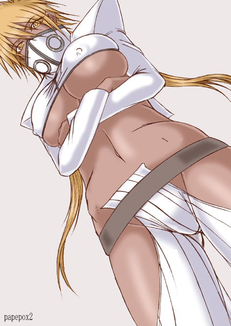 papepox2, tier harribel, bleach, md5 mismatch, 00s, arrancar, blonde hair, breasts, bursting breasts, dark skin, hollow (bleach), number tattoo, tattoo, underboob, yellow eyes