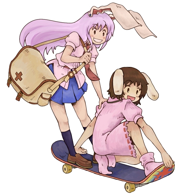 kishiinu, inaba tewi, reisen udongein inaba, touhou, 2girls, animal ears, female focus, grin, long hair, multiple girls, rabbit ears, short hair, skateboard, smile, socks