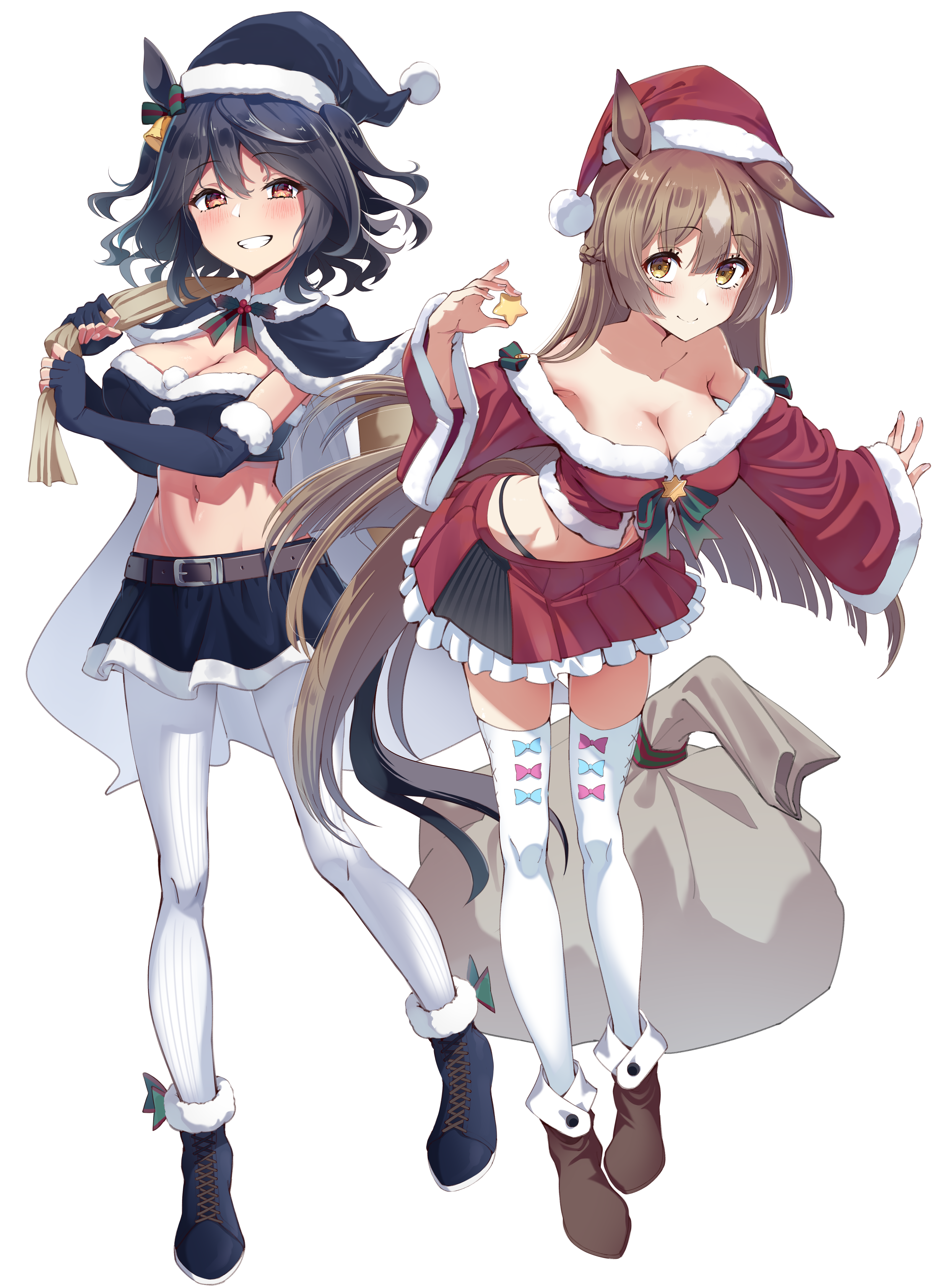 liking, kitasan black (umamusume), satono diamond (umamusume), umamusume, absurdres, commentary, highres, 2girls, :d, alternate costume, animal ears, ankle boots, aqua bow, bandeau, bell, belt, black bandeau, black boots, black capelet, black gloves, black hair, black hat, black panties, black skirt, black tail, blush, boots, bow, bow legwear, braid, breasts, brown belt, brown boots, brown eyes, brown hair, brown tail, capelet, christmas, cleavage, closed mouth, collarbone, detached sleeves, dot nose, ear bow, elbow gloves, fingerless gloves, frilled skirt, frills, full body, fur-trimmed capelet, fur-trimmed headwear, fur trim, gloves, green bow, grin, hair between eyes, half up braid, hat, highleg, highleg panties, holding, holding sack, horse ears, horse girl, horse tail, kneehighs, large breasts, layered skirt, leaning forward, long glove, long hair, long sleeves, looking at viewer, medium breasts, medium hair, midriff, miniskirt, multiple girls, navel, no bra, off-shoulder shirt, off shoulder, open mouth, outstretched arm, panties, pantyhose, pleated skirt, purple bow, red eyes, red hat, red shirt, red skirt, sack, santa costume, sexually suggestive, shirt, simple background, skirt, smile, socks, standing, stomach, tail, teeth, thighhighs, twintails, underwear, white background, white pantyhose, white thighhighs, wide sleeves, zettai ryouiki
