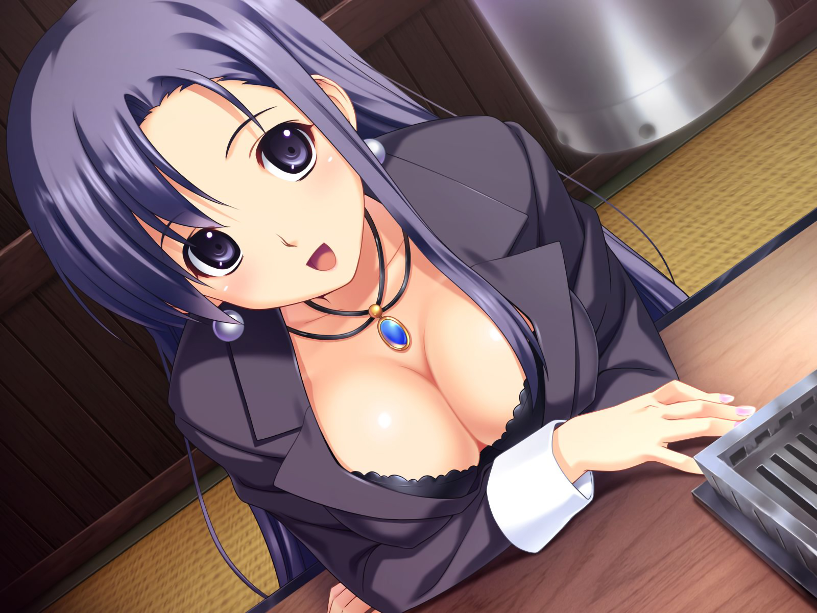 koutaro, saotome nagi, tropical kiss, game cg, highres, 10s, 1girl, blue eyes, bra, breasts, cleavage, desk, downblouse, earrings, female focus, indoors, jacket, jewelry, lace, lace-trimmed bra, lace trim, large breasts, lingerie, locket, long hair, nail polish, office lady, open mouth, pendant, solo, underwear, very long hair, wrist cuffs
