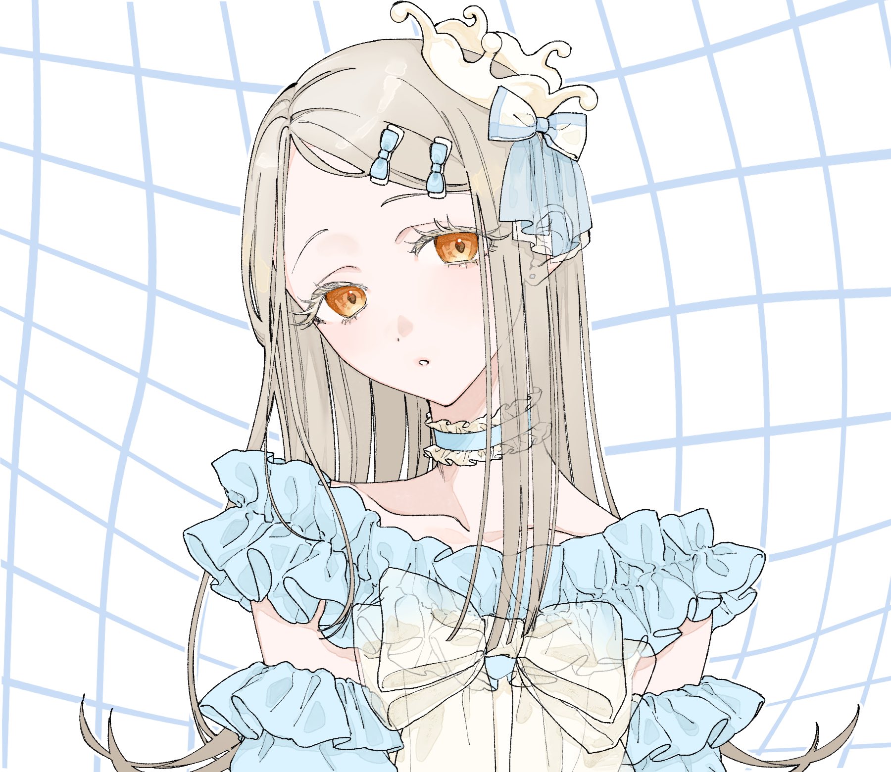 ne mu ko05, shinosawa hiro, gakuen idolmaster, idolmaster, commentary request, highres, 1girl, blue bow, blue dress, bow, choker, collarbone, colored eyelashes, crown, detached sleeves, dress, earrings, flipped hair, frilled choker, frilled dress, frills, grid background, hair bow, jewelry, long hair, looking at viewer, mini crown, orange eyes, parted bangs, parted lips, solo, stud earrings, upper body